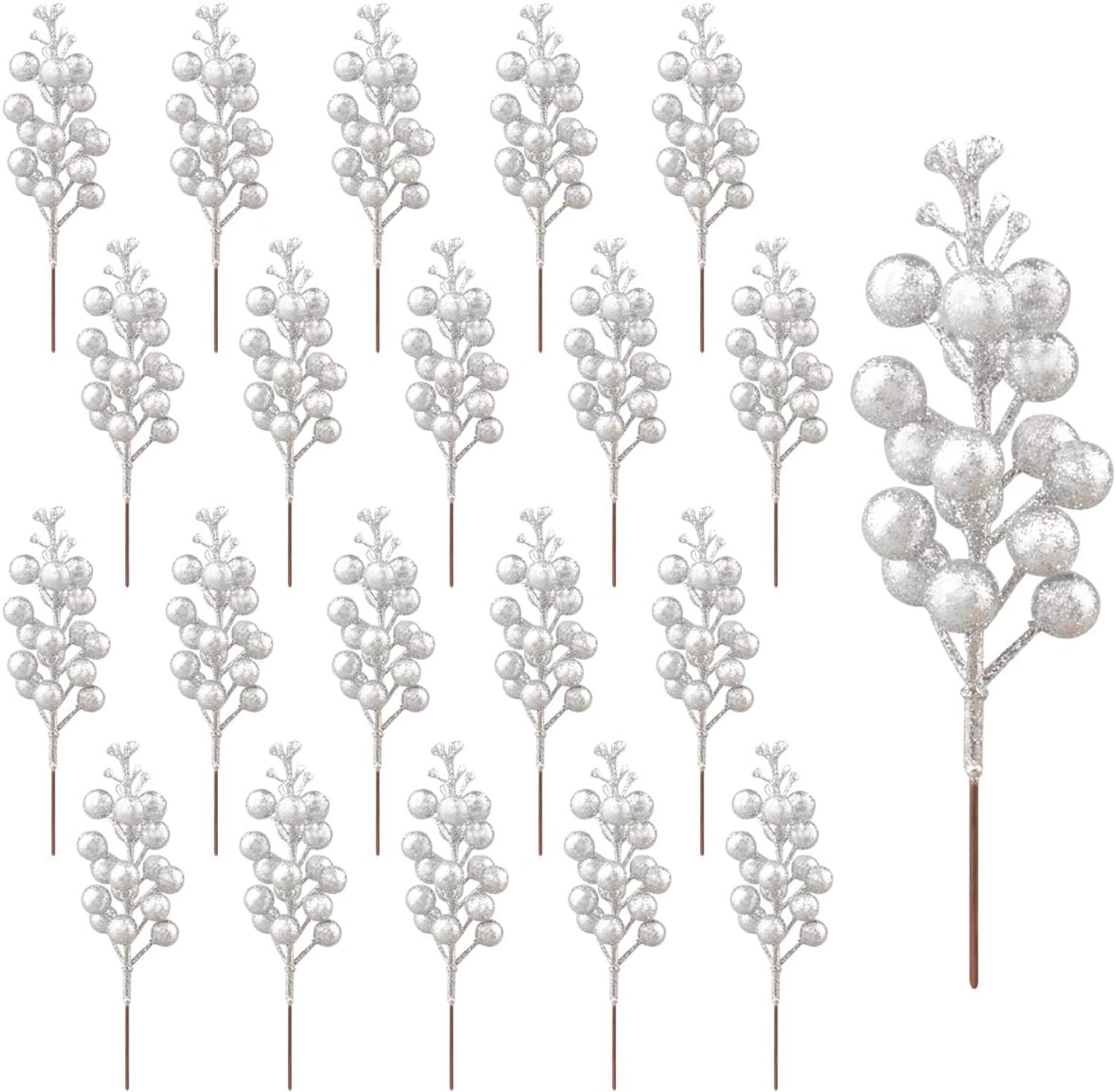 Kunstmatige bessenstelen 19 cm - 20 stuks - zilver met rode bessen - perfect voor kerstdecoratie - Homevero