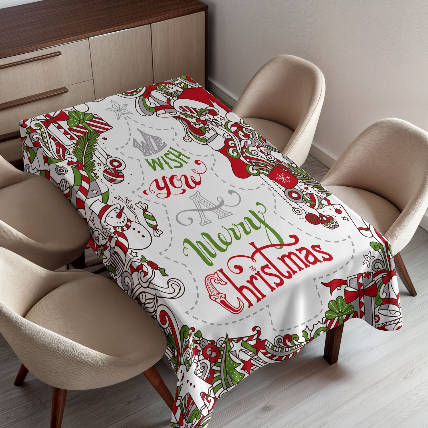 ABAKUHAUS Kerst Tafelkleed, We Wish You a Merry Christmas Handgeschreven Groet met Sneeuwman Kerstman Sok Muts en Baard, Rechthoekig Tafelkleed voor Eetkamer Keukendecoratie, 150 x 200 cm, Rood Grijs