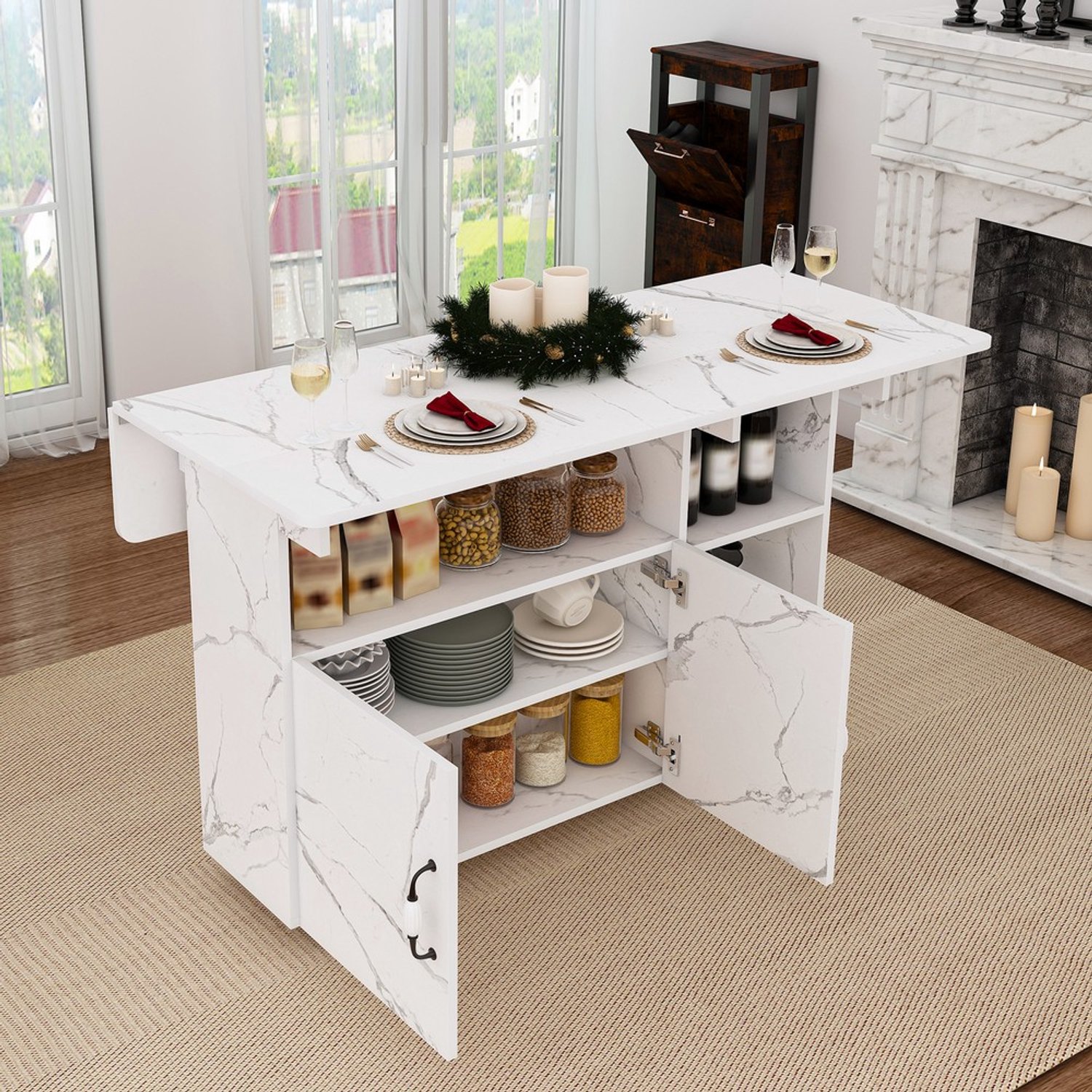 Pugsdrly Rechthoekige, opklapbare, verrijdbare eettafel 110 x 70 x 80 cm, multifunctioneel met 5 opbergplanken en 5 zwenkwielen (waarvan 4 vergrendelbaar), ruimtebesparend voor keuken, woning, kantoor, studentenwoning, wit marmerlook