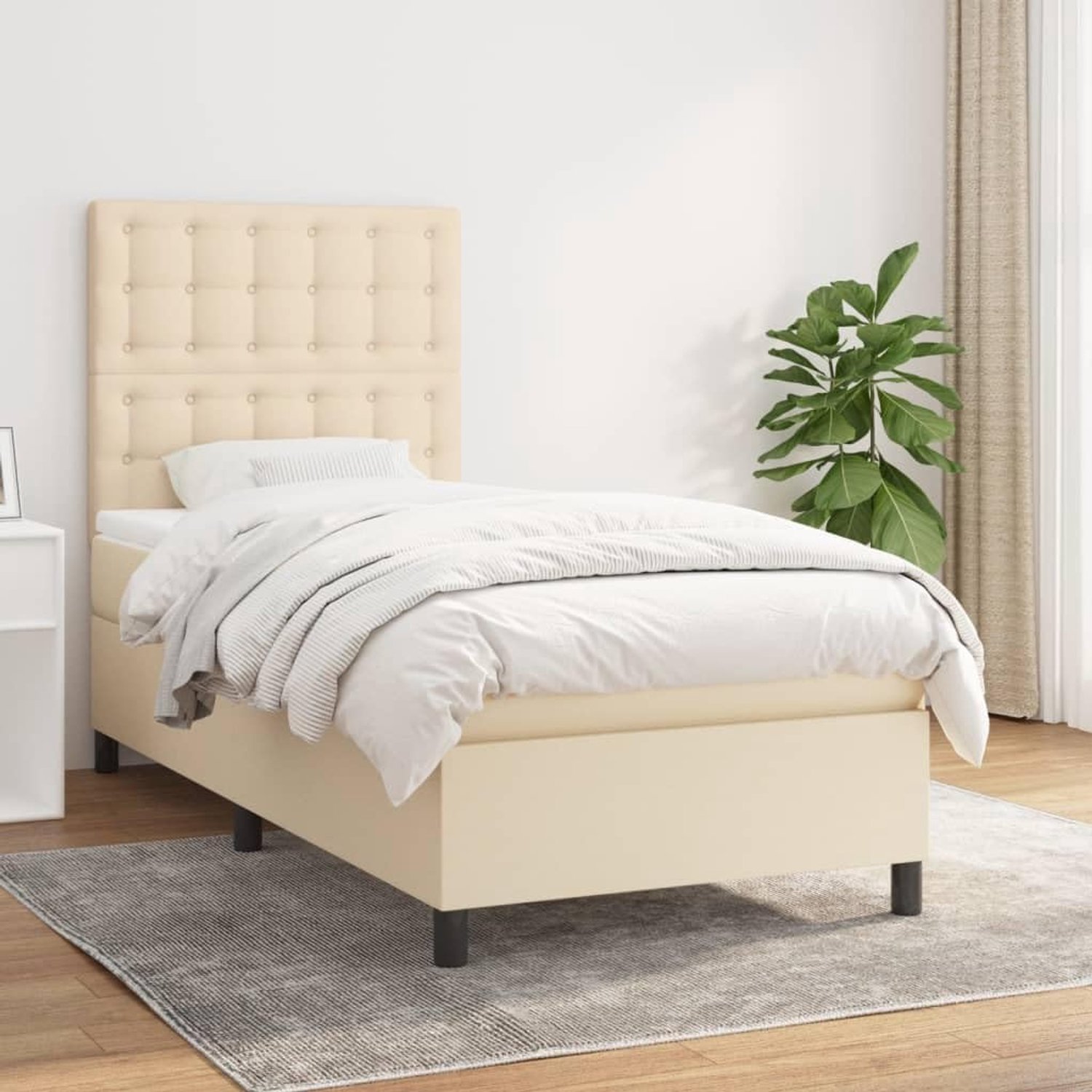 Boxspringbed met matras, crème, 100 x 200 cm, stof, in hoogte verstelbaar hoofdeinde, pocketveringmatras voor middelharde ondersteuning, ademend en duurzaam, inclusief
