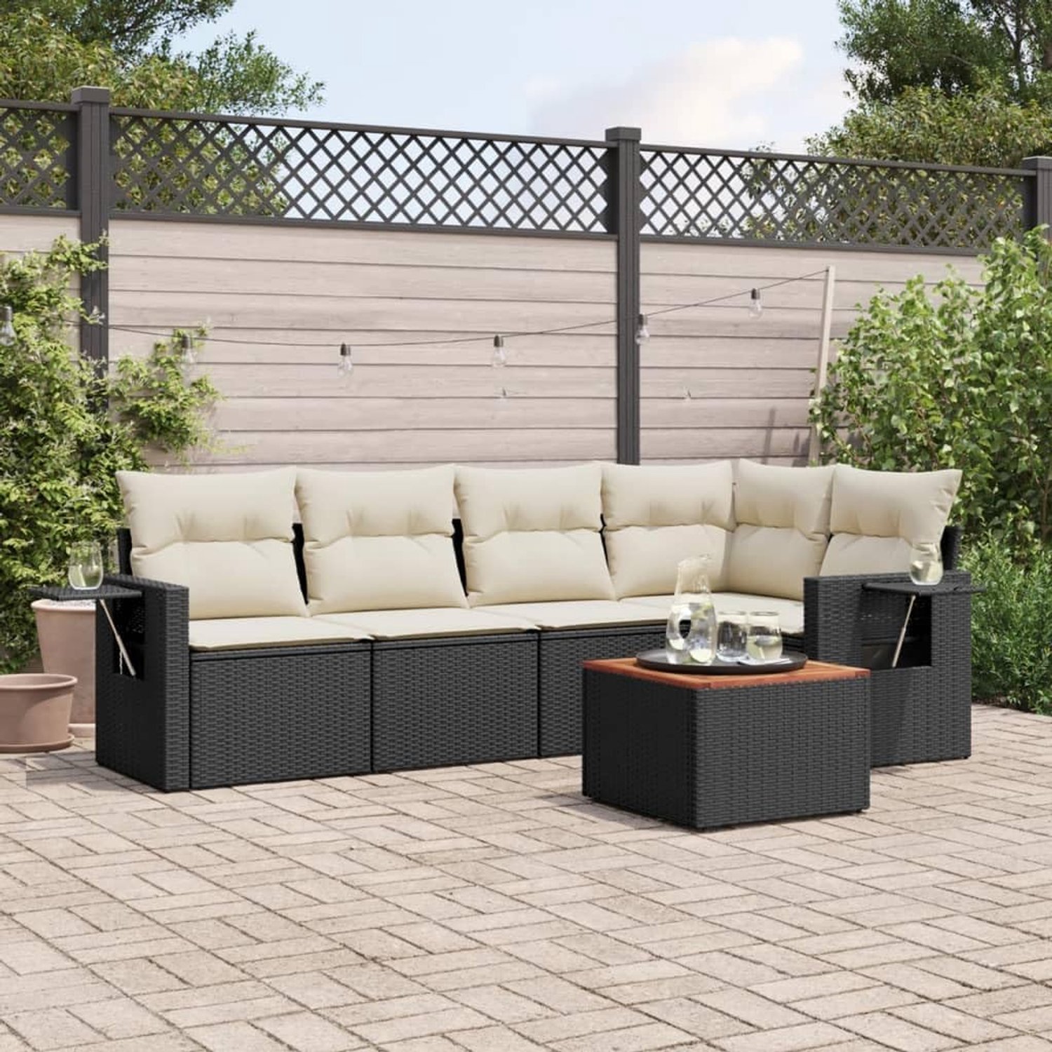 6-delige polyrotan sofa set zwart met kussens, modulaire zitgroep terras met inklapbare planken en acaciahout tafelblad, afneembare wasbare hoezen