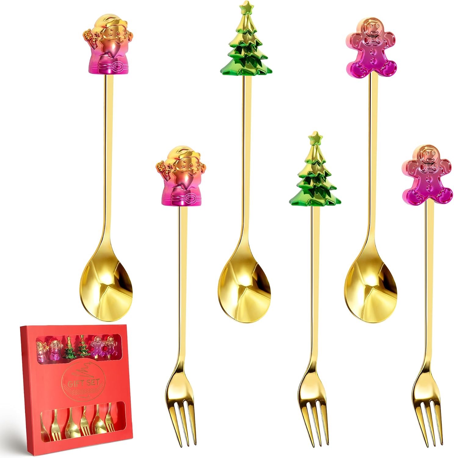 Kerstbestekset van roestvrij staal, koffielepel met peperkoekman, kerstman, groene bomen, voor kerstcadeau, 6-delig (goud)
