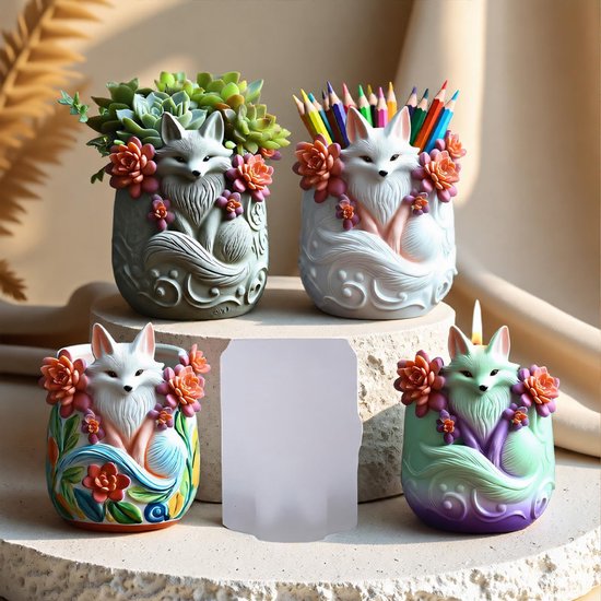 Bloempot siliconen vorm, 8,5 x 6,4 cm DIY katten plantenbakvorm voor gips beton, kattenpotvorm voor vetplanten, mini-planten, creatieve kat bloempot potjes kaarsenhouder (vos) — afbeelding 4