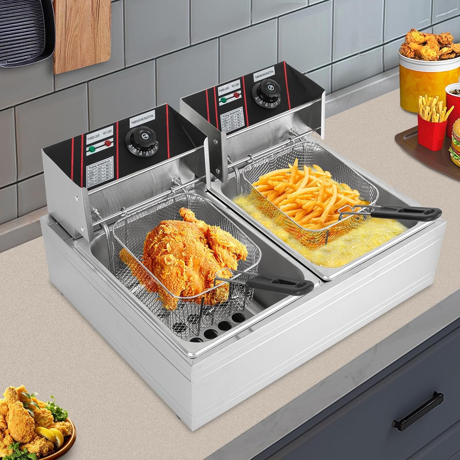 Friteuse, roestvrij staal, dubbele tank, elektrische friteuse, duikfriteuse met deksel, professionele dubbele gastronomische friteuse, temperatuurregeling 60-200 °C, elektrische friteuse