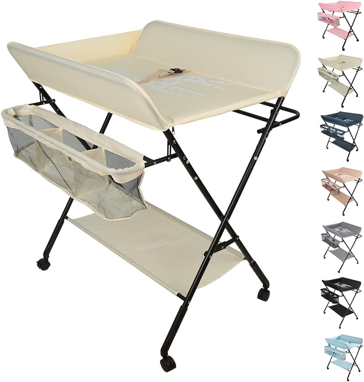Commode voor pasgeborenen met opbergmand en veiligheidsgordel, opvouwbare en draagbare commode op wieltjes, ergonomisch, in hoogte verstelbaar in 3 standen, crème