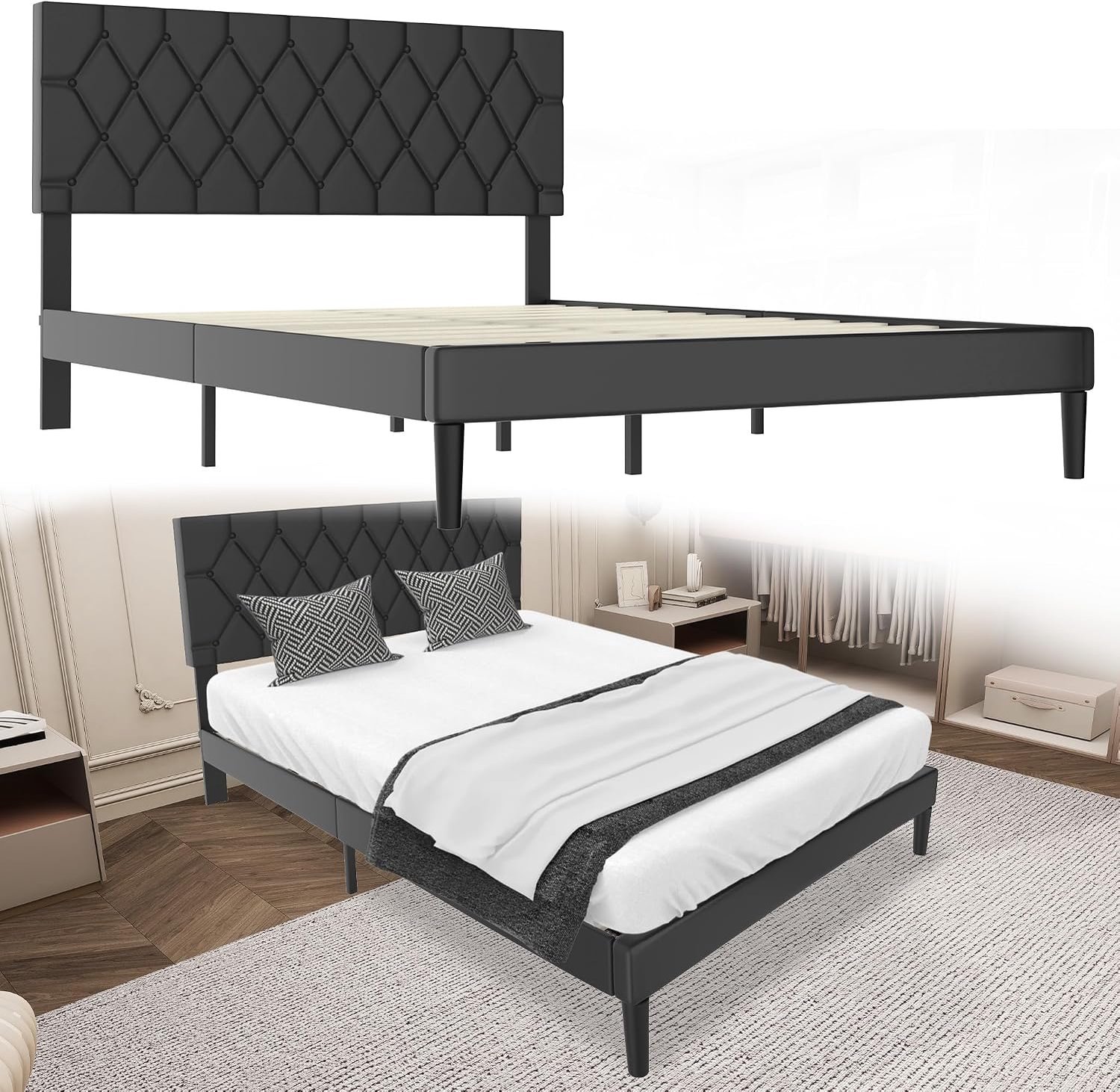 Bed, bedframe met hoofdeinde van leer en lattenbodem, eenpersoonsbed, tweepersoonsbed, eenvoudige montage met installatiegereedschap, bedframe tot 300 kg, zwart, 140 x 200 cm