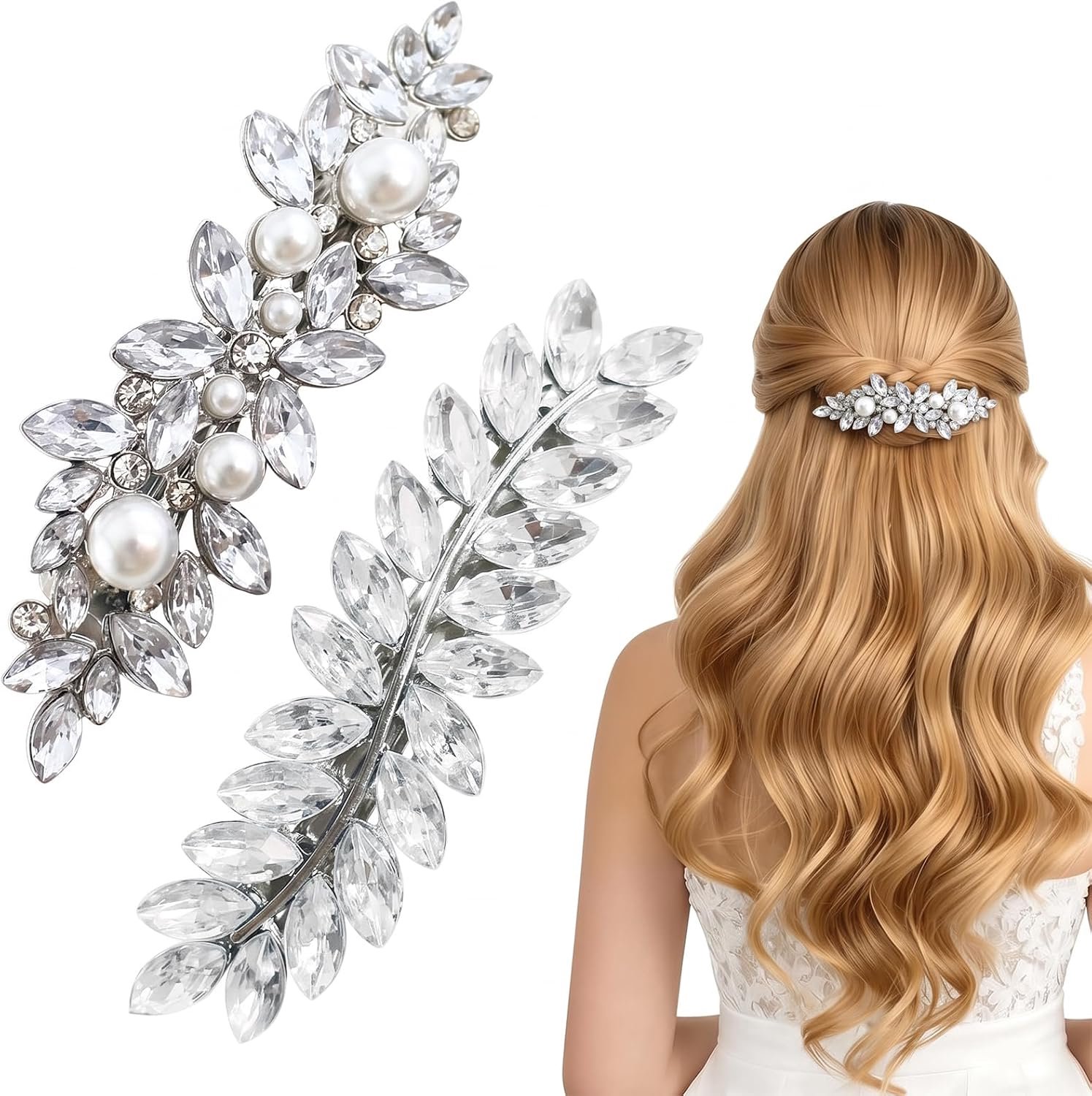 Haarspelden voor dames voor bruiloft en bruid, parelhaarspeld, wit en zilver, strass haaraccessoires, feestelijke haarclips, haarspeldenset voor vrouwen