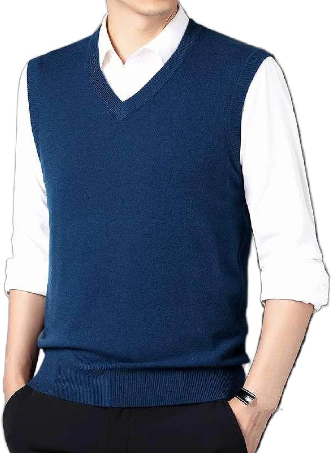 Herfst En Winter Heren Kasjmier Gebreid Vest, Klassiek All-Match Slank Vest Heren Effen Kleur Pullover Mouwloze Kasjmier Trui Trui, Gentleman Knitwear Sweater Tank Tops, Blauw, S