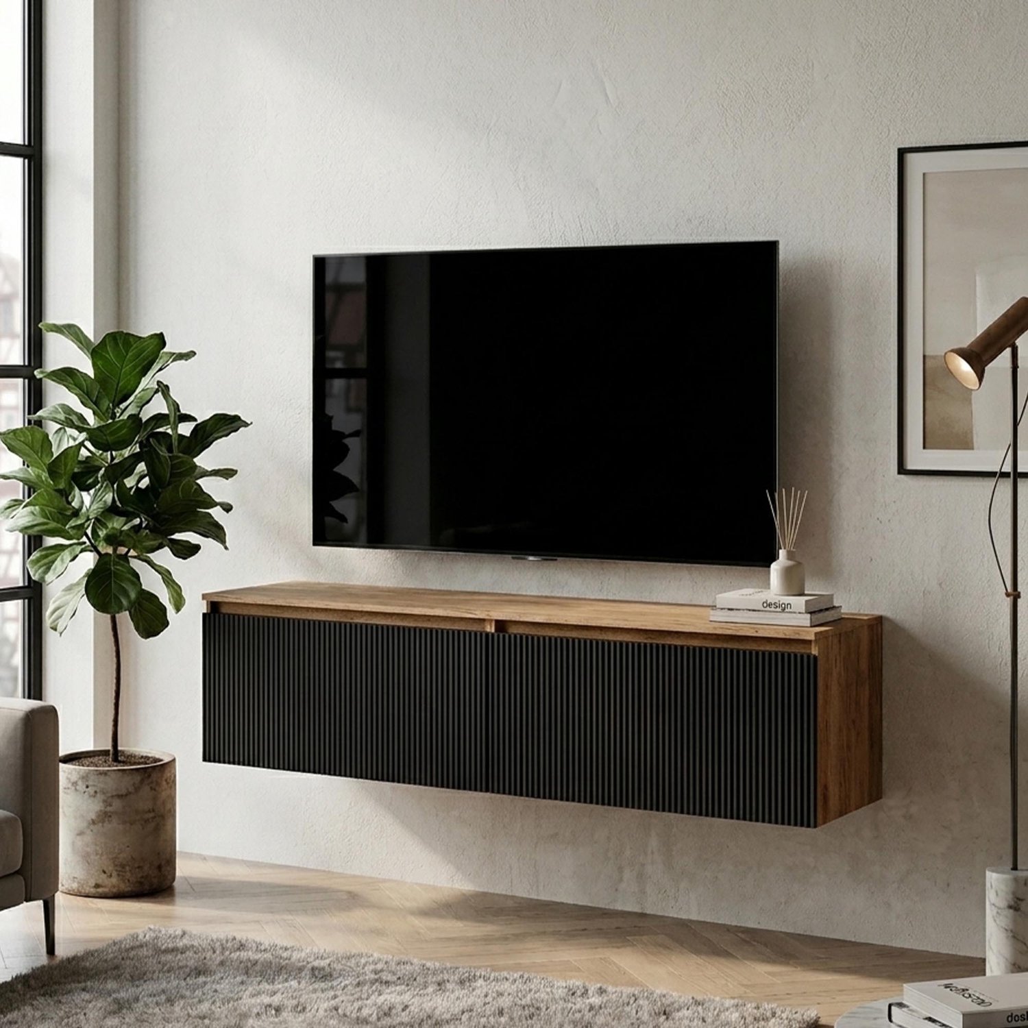 Planetmöbel ARISA Living - TV-meubel 160 cm - Zwart geribbeld - Met Geel eiken front Goud eiken / Zwart geribbeld