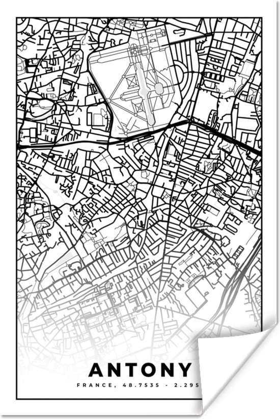 Poster Plan de ville - Antony - France - Plan - Plan - Zwart et blanc - 60x90 cm