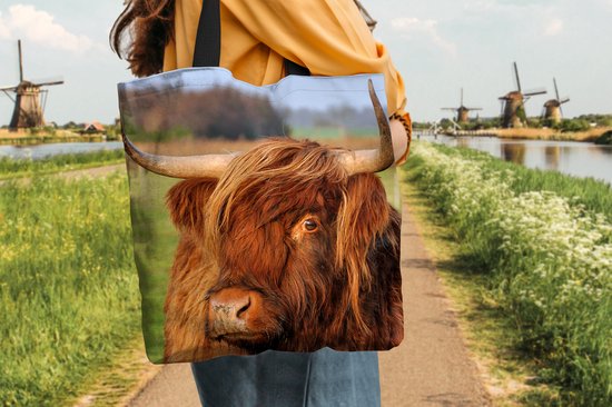 MuchoWow® Sac à bandoulière - Sac de plage - Big Shopper - Sac de courses - Scottish Highlander - Herbe - Arbre - 45x45 cm - Sac en coton