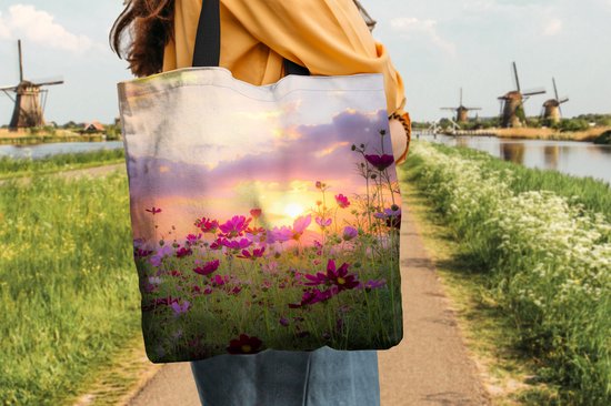 Sac bandoulière - Sac de plage - Big Shopper - Cabas - Fleurs - Rose - Coucher de soleil - Nature - Prairie - Horizon - 40x40 cm - Sac en coton
