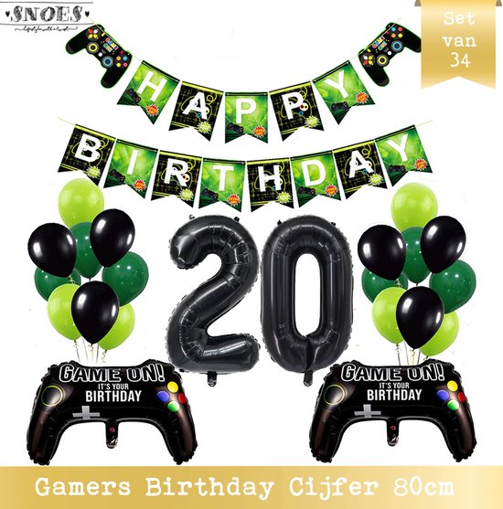 Cijfer Ballon 20 - Game Gamers Birthday Mega Ballon Pakket  - Nummer ballon - DIY Slinger Happy Birthday - Playstation Verjaardag - Game verjaardag - 80 cm nummer ballon - Gamers Verjaardag 20 Jaar - Computer Spel Verjaardag
