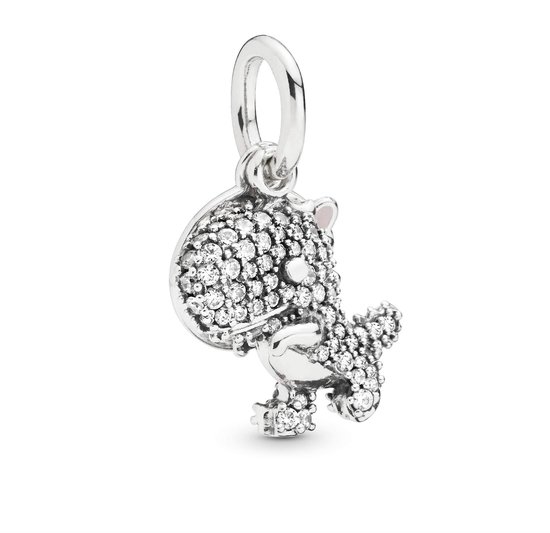 Dinosaurus bedel in sterling zilver, bezet met zirkonia. Kleine oogjes en staart zijn zichtbaar.