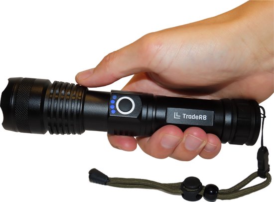 TradeRB® Militaire LED Zaklamp - USB Oplaadbaar - Inclusief 5000 mAh Batterij & Opbergdoos - 20 Branduren - Zoomfunctie - Telescopische Lens - voor Kamperen & Wandelen - 3000 Lumen - Aluminium – Zwart