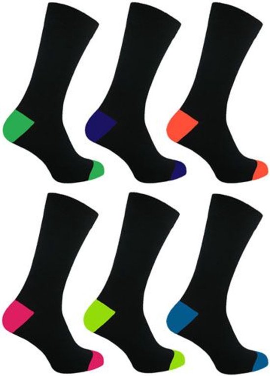 Neon sokken - 6 paar zwart met fluor gekleurde hiel en teen - maat 39 - 46