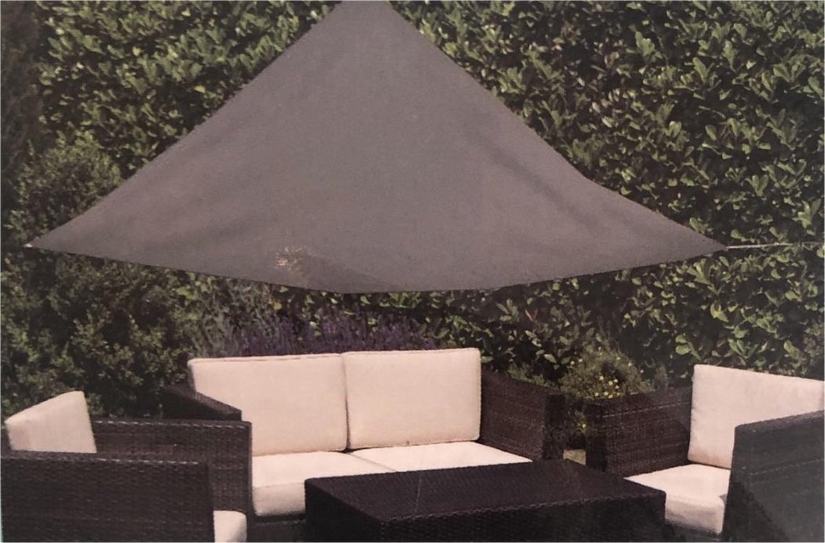 Zwart schaduwdoek van 3,6 x 3,6 x 3,6 m met UV-bescherming voor zonwering en verkoeling in de zomer.
