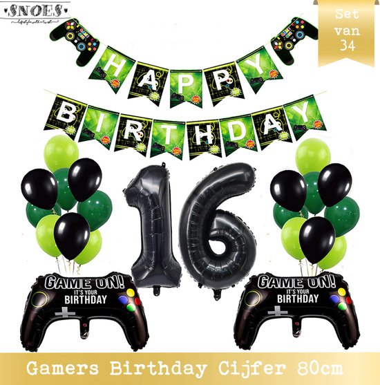 Cijfer Ballon 16 - Game Gamers Birthday Mega Ballon Pakket  - Nummer ballon - DIY Slinger Happy Birthday - Playstation Verjaardag - Game verjaardag - 80 cm nummer ballon - Gamers Verjaardag 16 Jaar - Computer Spel Verjaardag