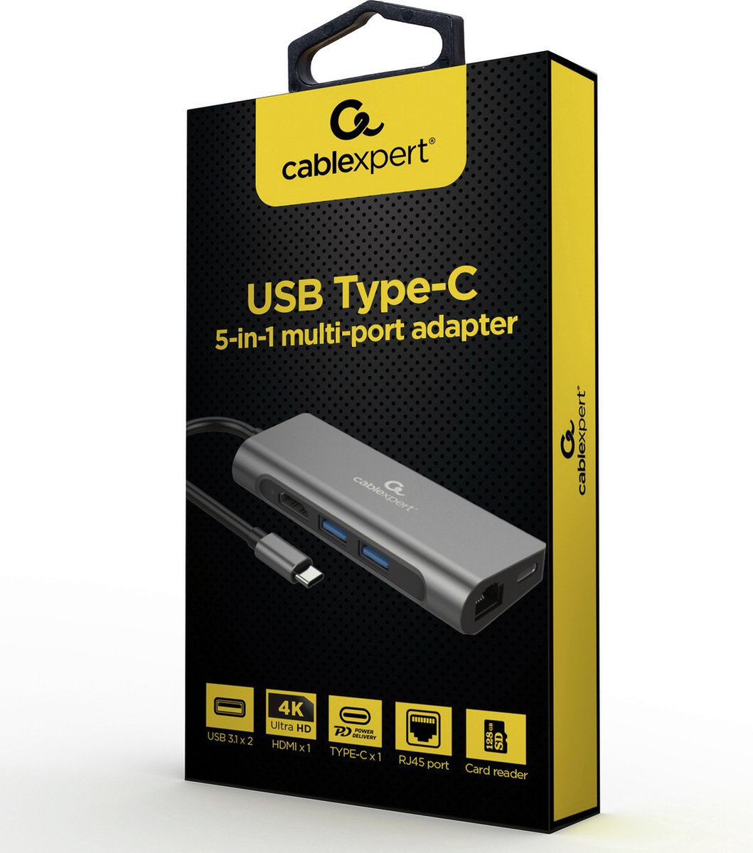 Cablexpert USB-C 5-in-1 multiport adapter - HDMI 4K - USB 3.1 - SD-Reader - RJ45 Ethernet | Apple Macbook PRO | Surface PRO