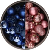Bellatio Decorations Kerstballen mix - 74-delig - oudroze en kobalt blauw - 6 cm - kunststof