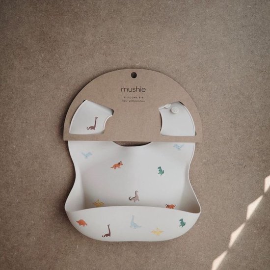 Mushie Siliconen Baby Slabbetje met Opvangbakje | Dino | BPA ftalaatvrij| afwasbaar