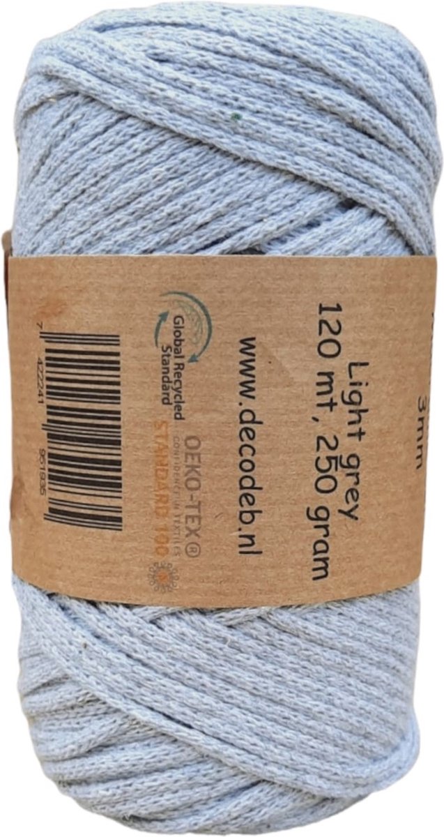 Cafuné Macrame koord-3mm-Lichtgrijs-120 meter-Gevlochten koord-Gerecycled katoen