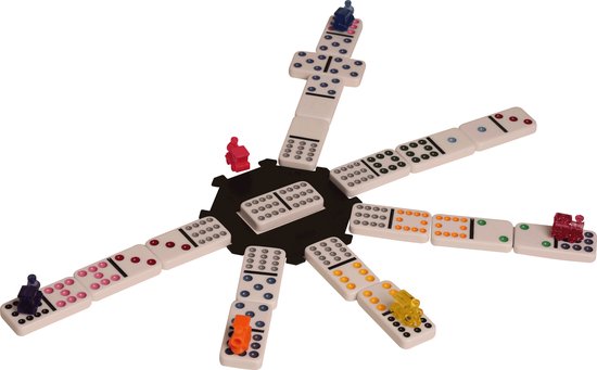 Mexico Train Dominoes speelveld met witte dominostenen met gekleurde stippen en gekleurde trein-pionnen.
