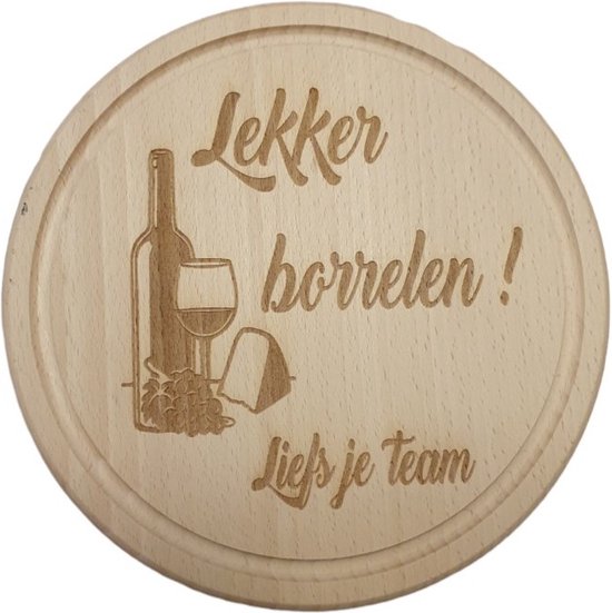 Ronde houten Tapas -snijplank -Serverplank - Lekker borrelen -Afscheid - collega - verjaardag - Team -Werkvloer doorsnee 21cm cadeau geven
