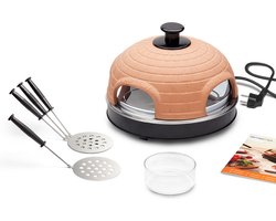 Emerio Pizzarette Origineel - 4 Persoons Pizza Oven - Handgemaakte Terracotta Koepel - 4 Geïsoleerde Bakspatels - RVS Bakplaat - Gourmetstel met Cool touch - PO-115985 900W