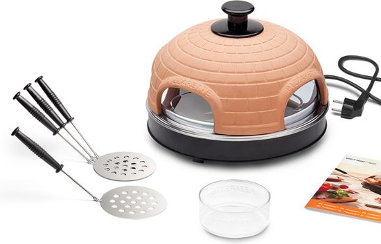 Emerio PO-115985 - 4 persoons - Handgemaakte terracotta koepel - 4 Geïsoleerde bak spatels - RVS bakplaat - Cool touch