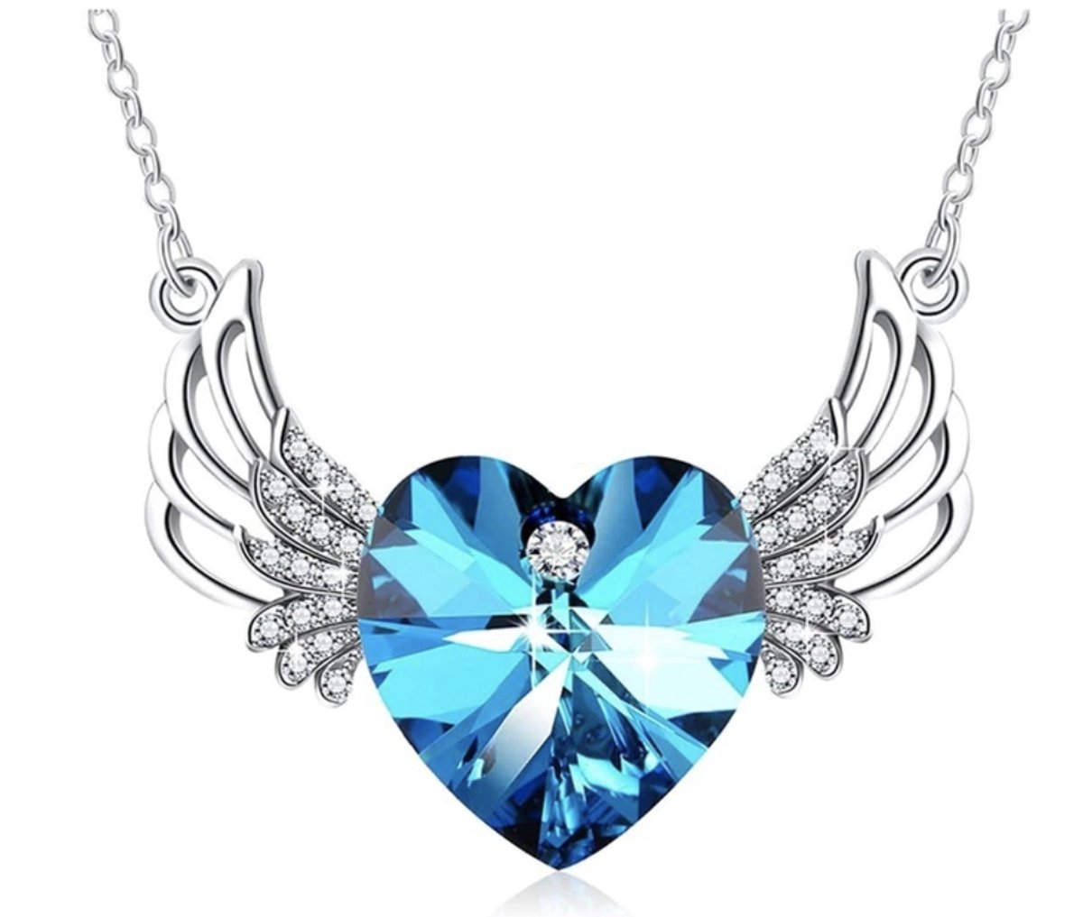 ketting dames | ketting dames met hart | ketting dames met engel vleugels | angel ketting | blauwe ketting | ketting met gedenkhanger | blauwe steen | zilverkleurig | kerst | kerstcadeau voor vrouwen