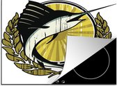 KitchenYeah® Inductie beschermer 65x52 cm - Een illustratie van een zwarte zwaardvis op een gele achtergrond - Kookplaataccessoires - Afdekplaat voor kookplaat - Inductiebeschermer - Inductiemat - Inductieplaat mat