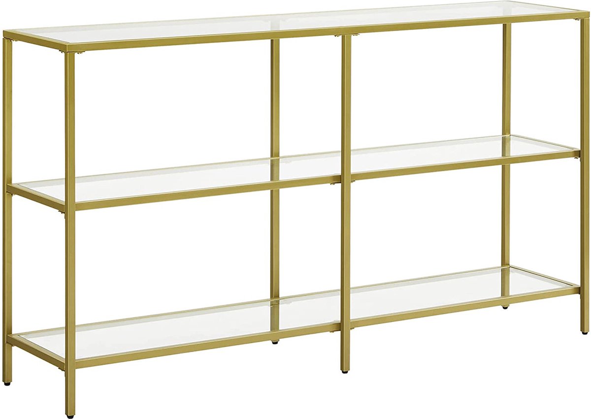 Hoppa! consoletafel. haltafel. 3 niveaus. bijzettafel. legplanken van gehard glas. 130 x 30 x 73 cm. metalen frame. goudkleurig