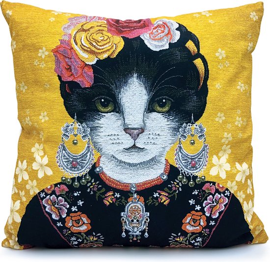 Sierkussen Kat - Katten Kussenhoes - Frida Kahlo - Geel - 45x45 cm - Katten Kussen