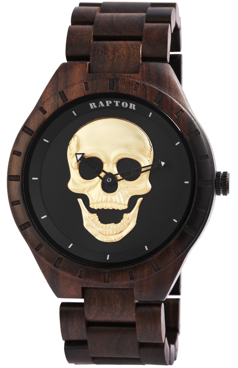 Raptor heren sandelhout horloge met goudkleurige schedel op de wijzerplaat