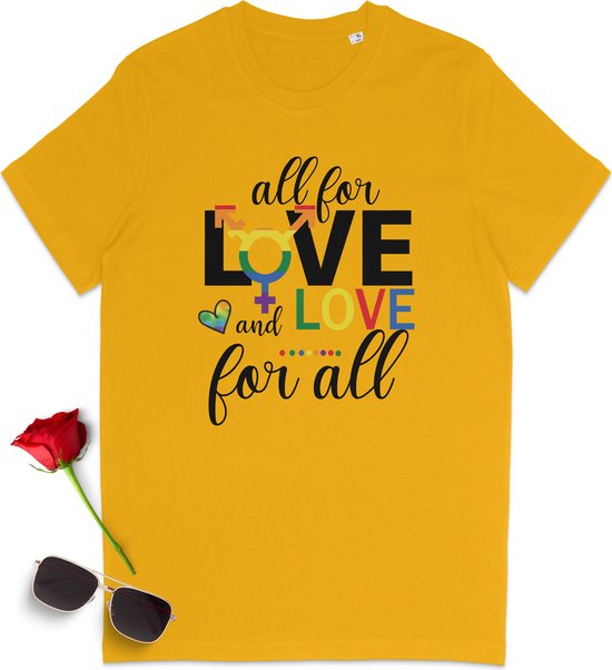 T-shirt Gay Pride - T-shirt Pride - All for Love - T-shirt femme avec imprimé - T-shirt homme avec imprimé Pride - Chemise Unisex Pride - Tailles unisexes : SML XL XXL XXXL - Couleurs du t-shirt : Wit, jaune, orange et rouge.