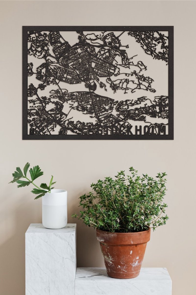 Houten Stadskaart Stockholm Zwart Mdf 50x70cm Wanddecoratie Voor Aan De Muur City Shapes