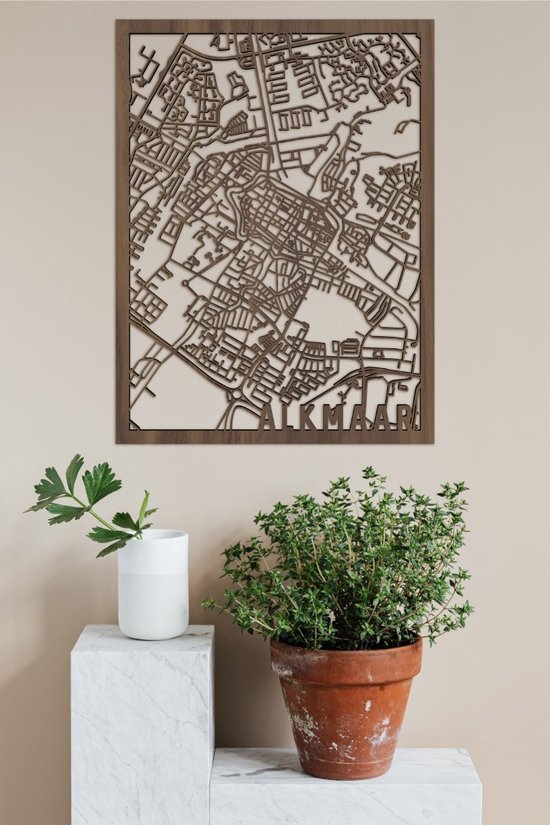 Houten Stadskaart Alkmaar Notenhout 50x70cm Wanddecoratie Voor Aan De Muur City Shapes