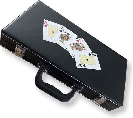 Pokerset LederLook - 300chips - met Plastic Kaarten + PokerBijbel Boekje