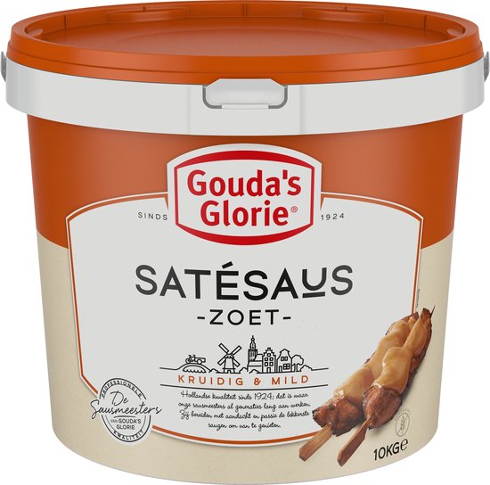 Emmer met Gouda's Glorie satésaus - zoet. Met illustratie van satéspiesjes, molen en huizen. 10 kg.