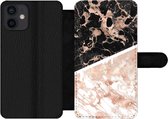 Bookcase Geschikt voor iPhone 12 Mini telefoonhoesje - Marmer print - Roze - Wit - Zwart - Met vakjes - Wallet case met magneetsluiting