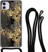 Hoesje met koord Geschikt voor iPhone 12 - Marmer print - Goud - Roos - Patronen - Siliconen - Crossbody - Backcover met Koord - Telefoonhoesje met koord - Hoesje met touw