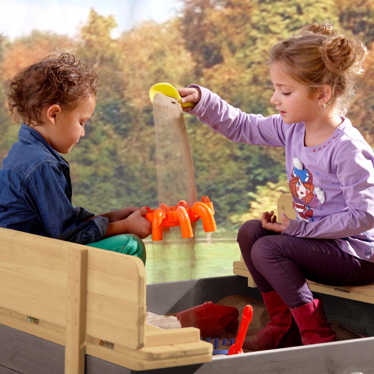 AXI Ella XL Houten Zandbak in Grijs/Bruin - Met Zitbankjes en Deksel - FSC hout - 120x120x20cm - Zandbak voor kinderen — afbeelding 3
