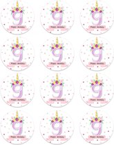 DW4Trading Sticker Happy Birthday Eenhoorn 9 Jaar - Ø 4,5 cm - 12 Stuks - Paars