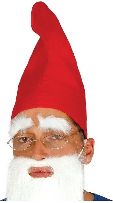 Man met rode puntmuts, witte baard en wenkbrauwen, en bril.