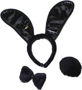 Zwart bunny verkleed setje 3-delig voor dames - konijnen oortjes/staart en strikje