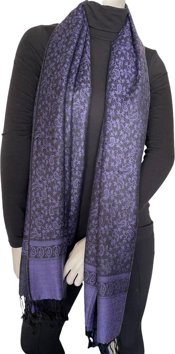 Sjaal dames- Pashmina Sjaal- Fijn geweven trendy Sjaal Omslagdoek 210/4- Paars met zwart