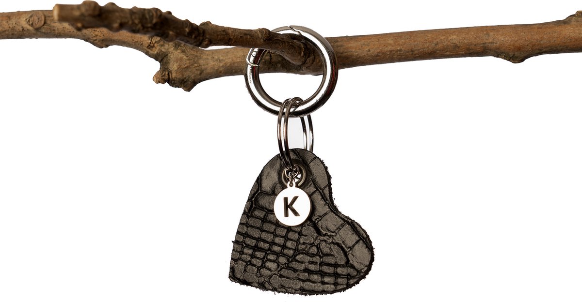 Madhura Bags Sleutelhanger Hart Zwart - Buffelleer- Lichte krokodillenprint - Naamletter K
