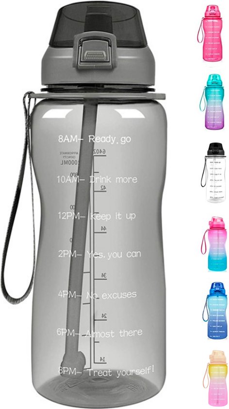 FLOOQ Motivational Water Bottle Zwart - Gourde de 2 litres - Sans BPA - Bouteille d'eau avec marquage du temps
