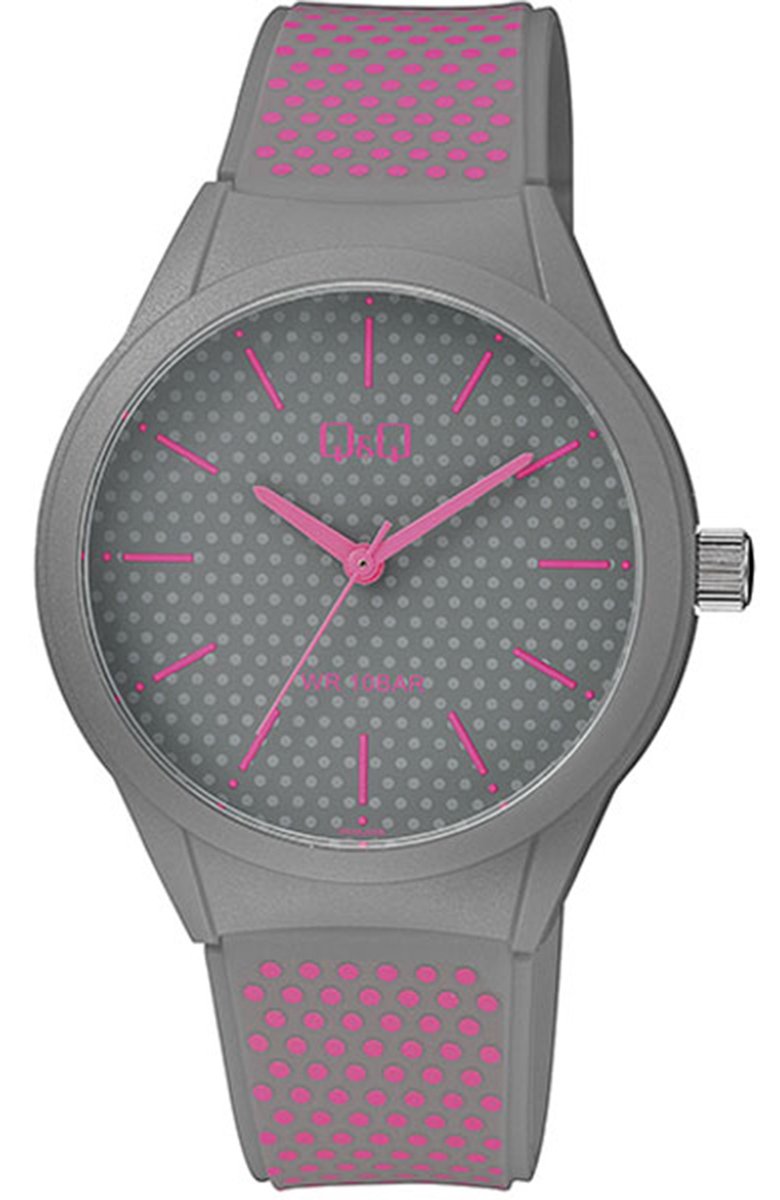 QQ VR28J036Y - Horloge - Sport - Analoog - Unisex - Plastic band - Rond - Streepjes - Kunststof - Grijs - Roze - 10 ATM